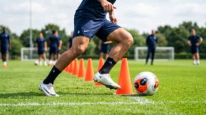 Football player dribbling through cones using inside and outside foot touches to improve ball control