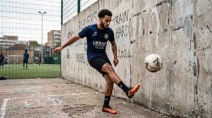 Football player practicing wall passing to improve first touch and ball control