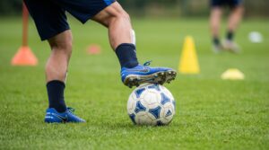 Close-up of player rolling football side to side using the sole to build control and balance