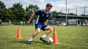 Player dribbling a football in a figure of 8 around cones to improve close control