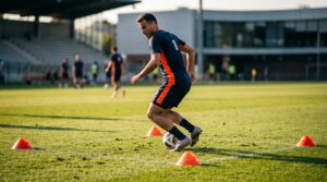 Football player performing quick turns inside a cone box to improve dribbling and control