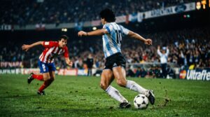 Football player performing Maradona turn to change direction and keep ball control