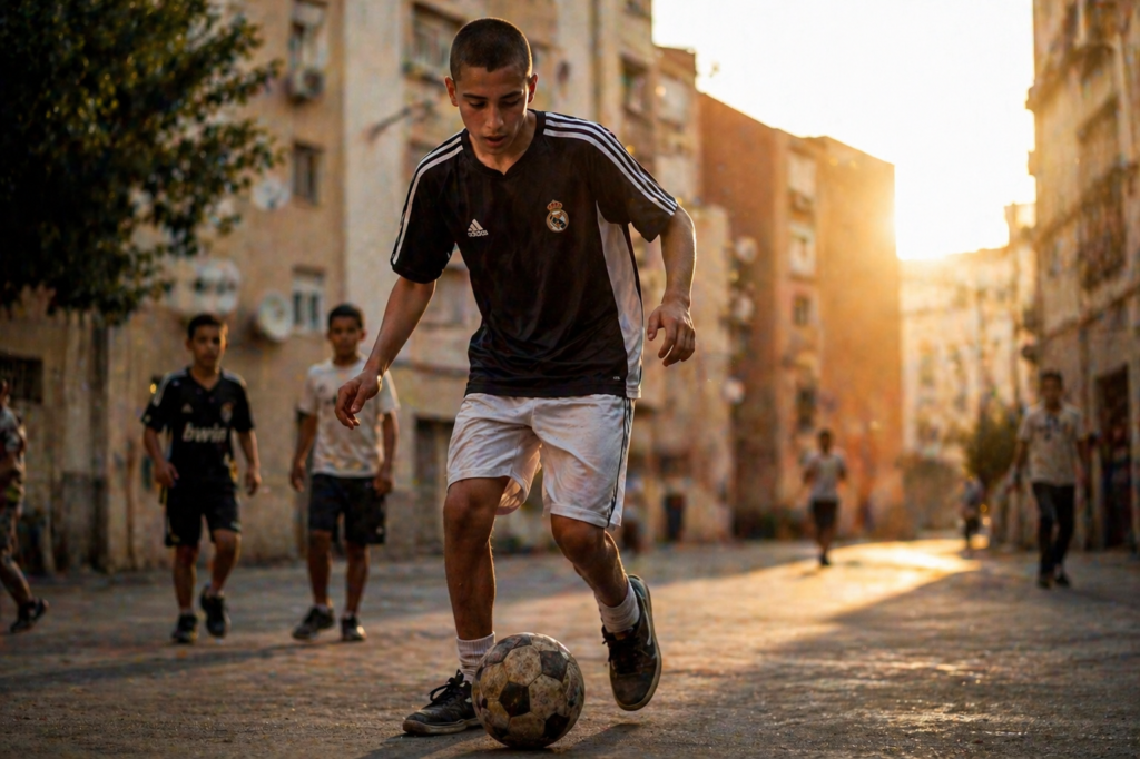 Young Karim Benzema playing street football in Lyon, showing early passion and determination