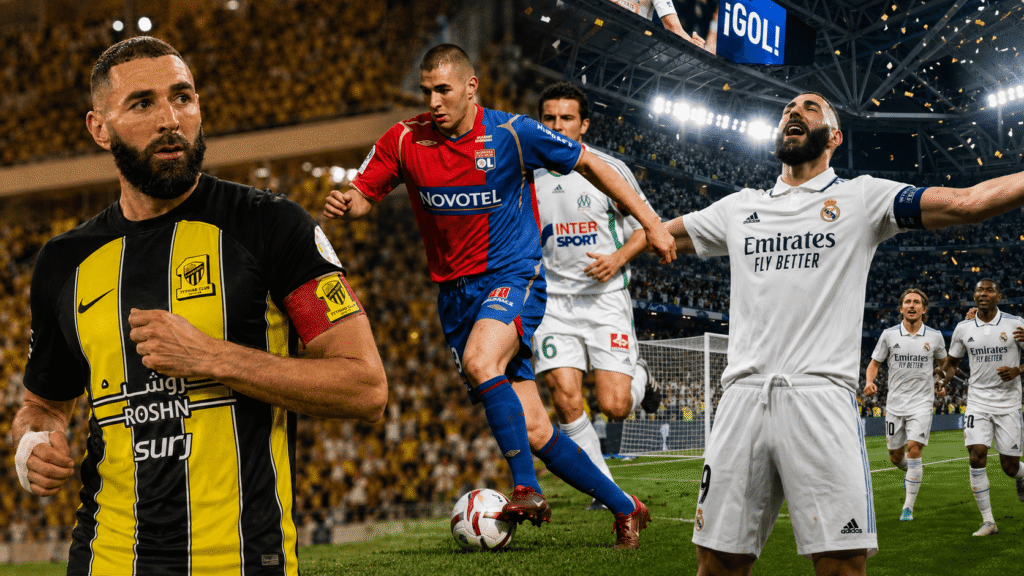 “Karim Benzema professional club career overview including Olympique Lyonnais breakthrough, Real Madrid success with Champions League and Ballon d’Or win, and later move to Al-Ittihad in Saudi Pro League