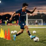 Football player controlling the ball with precision during training with dynamic motion effects