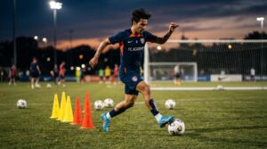 Football player controlling the ball with precision during training with dynamic motion effects