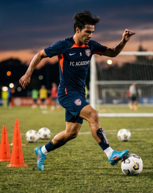 Football player controlling the ball with precision during training with dynamic motion effects
