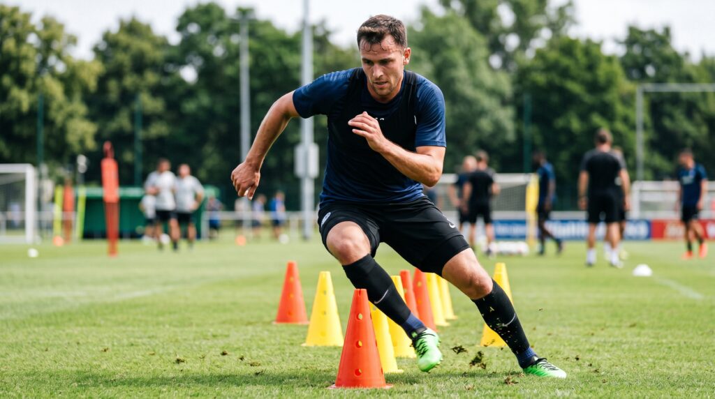 football agility drill with lateral cone shuffle to improve speed and quick direction changes