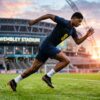 football fitness training routine with player sprinting on pitch to build speed and stamina