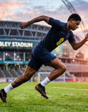 football fitness training routine with player sprinting on pitch to build speed and stamina