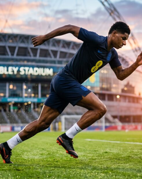 football fitness training routine with player sprinting on pitch to build speed and stamina