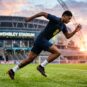 football fitness training routine with player sprinting on pitch to build speed and stamina