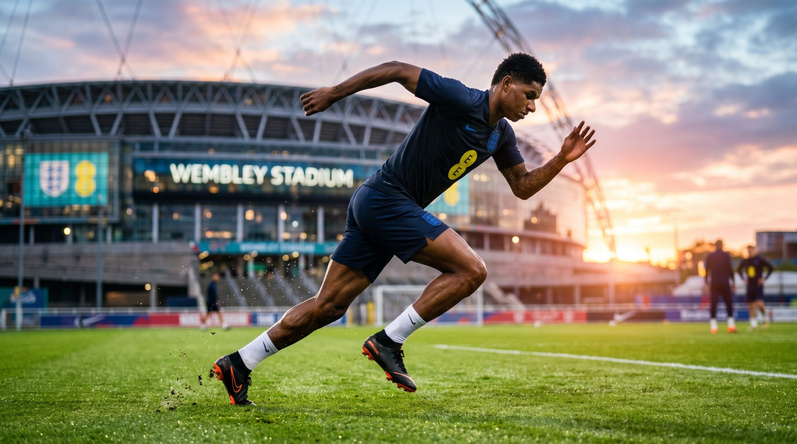 football fitness training routine with player sprinting on pitch to build speed and stamina
