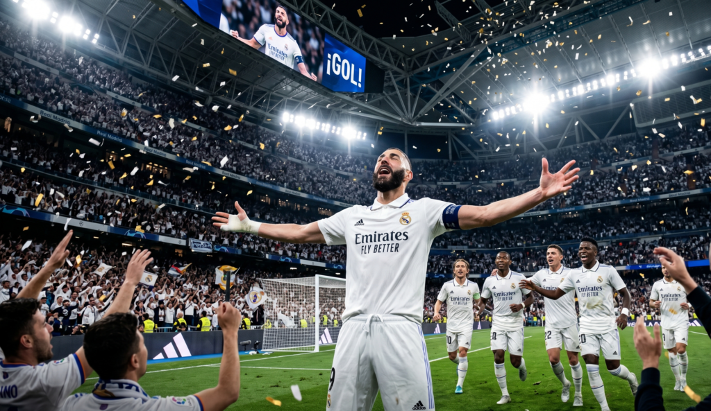 Karim Benzema scoring a goal for Real Madrid in a Champions League match 