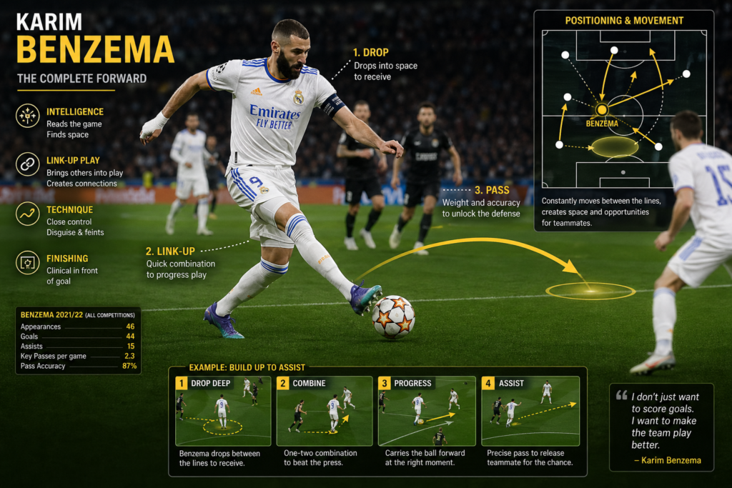 Karim Benzema career stats infographic showing goals, assists, and trophies across Lyon, Real Madrid, and Al-Ittihad