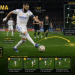 Karim Benzema career stats infographic showing goals, assists, and trophies across Lyon, Real Madrid, and Al-Ittihad