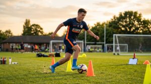 Football player practicing close ball control dribbling with cones on a grass pitch during training