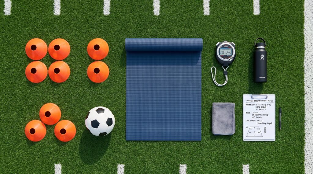 football workout setup with cones mat and training plan for daily fitness exercises