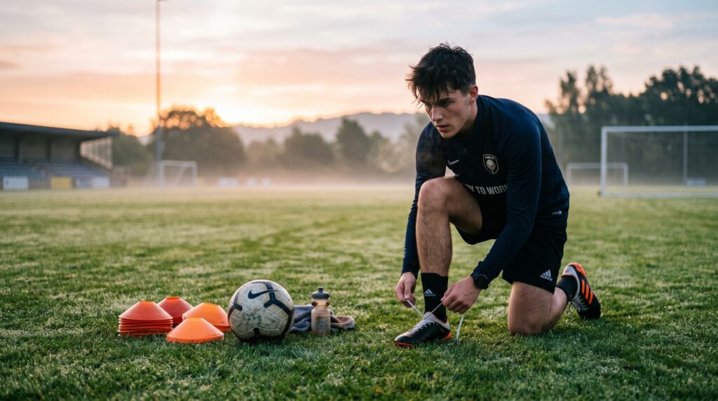 young footballer training alone on field showing daily discipline and football fitness habits