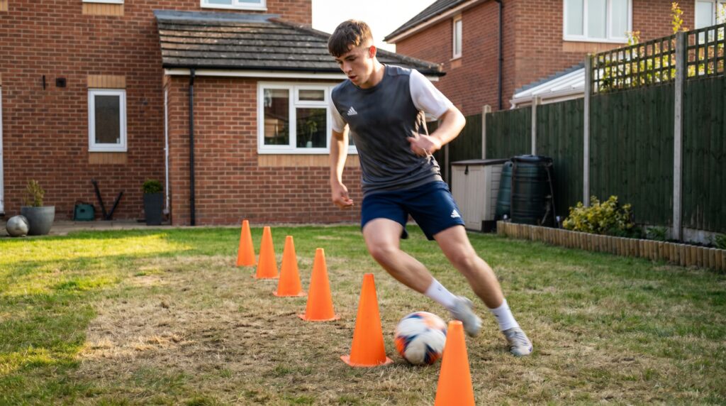 Youth footballer performing cone dribbling agility drill