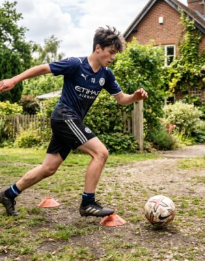 A young football player doing dribbling drills at home with cones in a garden, part of a home football training plan