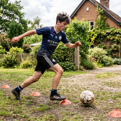 A young football player doing dribbling drills at home with cones in a garden, part of a home football training plan