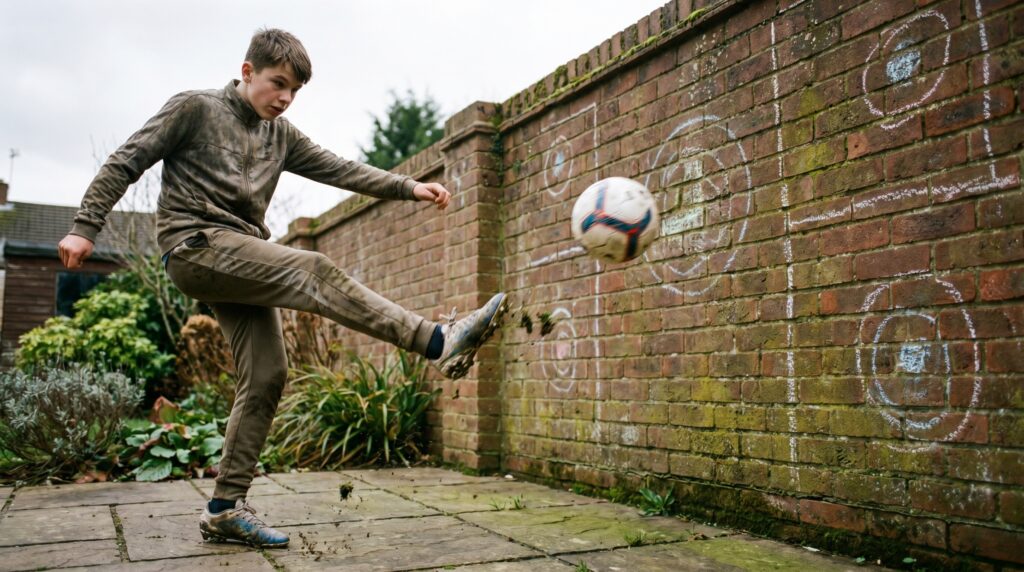 Young footballer working on weak foot passing as part of football training at home.