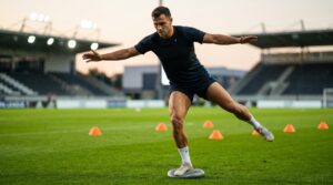 Football player performing balance and stability training for core strength and control on a football pitch.