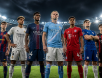 Top young football talents 2026 standing together in a stadium under floodlights representing future football stars