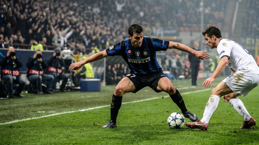 Football player using best core exercises for football players concept to maintain balance during a match.