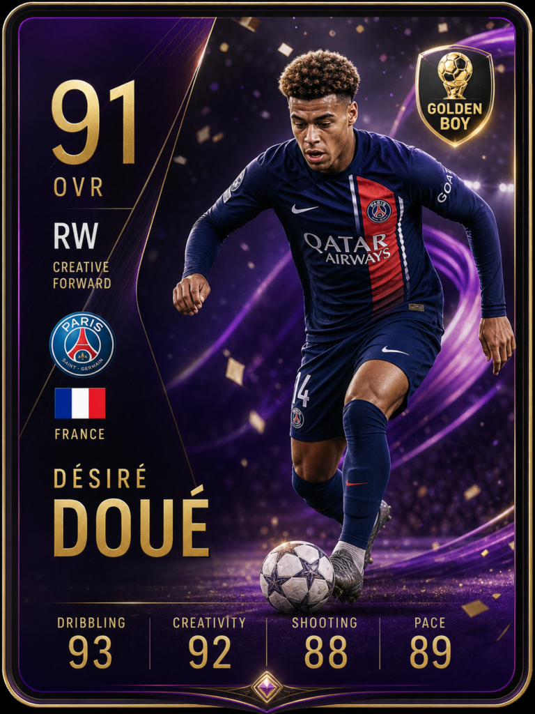 Desire Doue attacking midfielder card featuring PSG Golden Boy winner with creative stats and premium design
