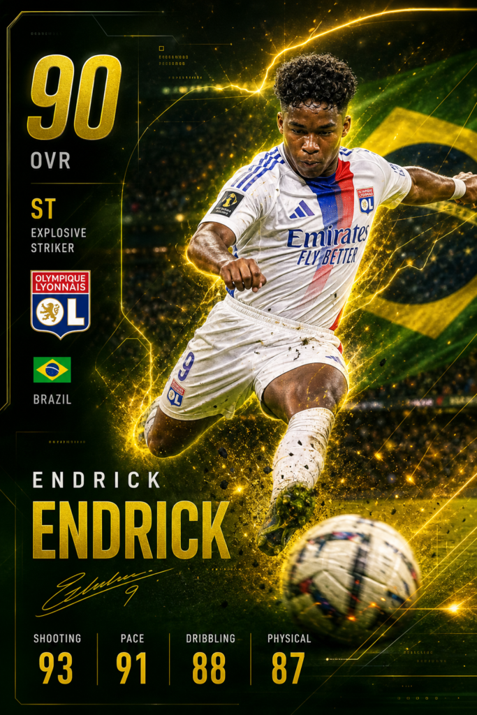 Endrick striker player card featuring Lyon forward in Brazil-inspired design with attacking stats overlay