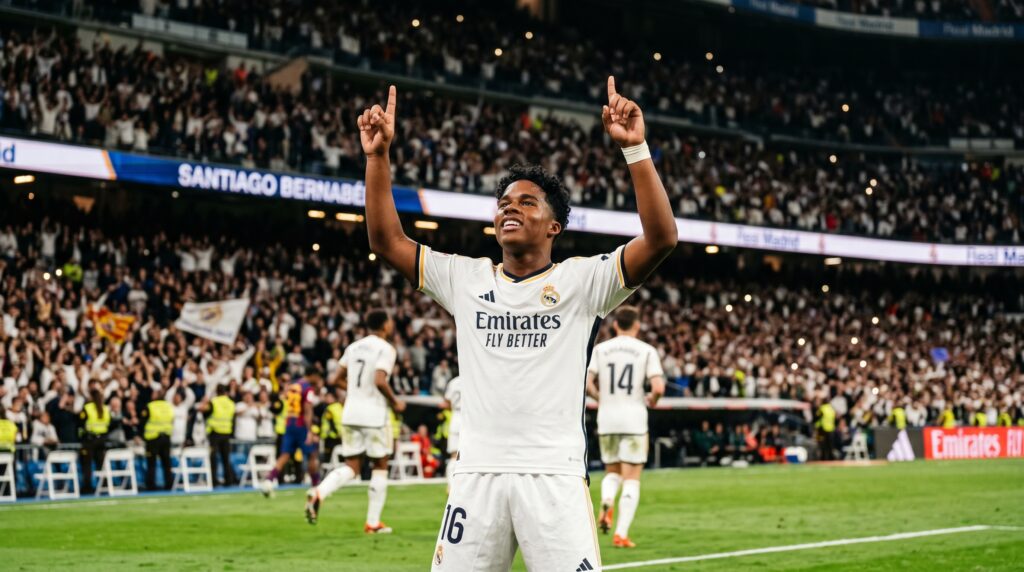 Endrick Real Madrid young striker celebrating a goal in 2025 one of the best U21 football players to watch in 2026