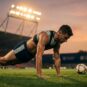 Football player performing best core exercises for football players during core strength training on a football pitch under stadium lights.