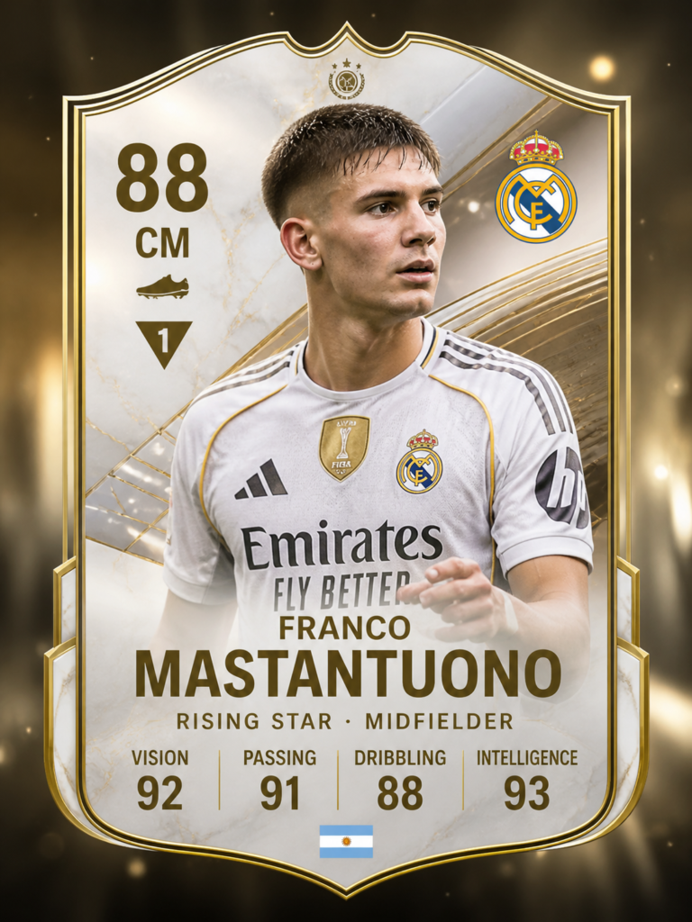Franco Mastantuono young midfielder card featuring Real Madrid wonderkid with elite vision and gold themed design