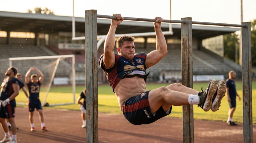 Football player performing best core exercises for football players with hanging leg raise workout.
