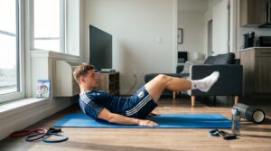 Football player doing best core exercises for football players at home without equipment.