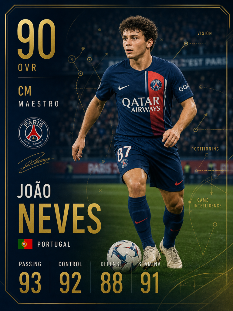 Joao Neves midfielder player card featuring PSG star with tactical stats and elegant modern football UI