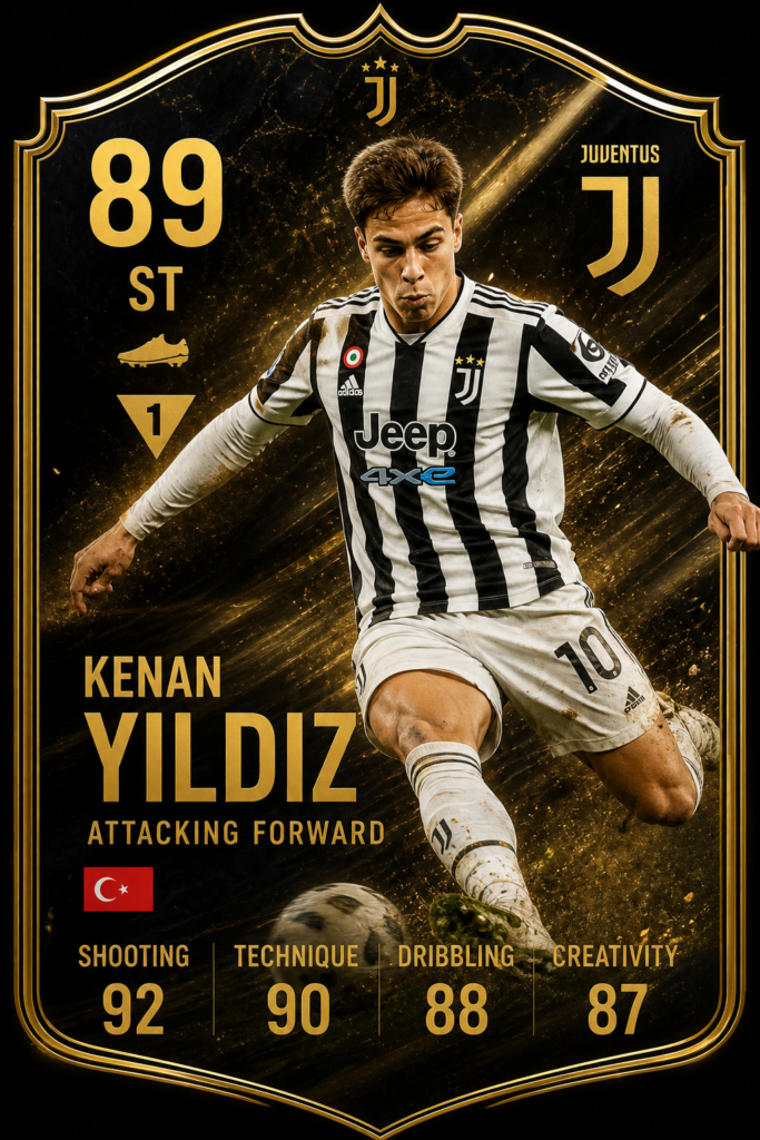 Kenan Yildiz forward player card featuring Juventus attacker with shooting stats and black gold premium theme