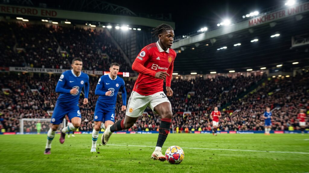 Kobbie Mainoo Manchester United midfielder driving forward with the ball top U21 football player to watch in 2026