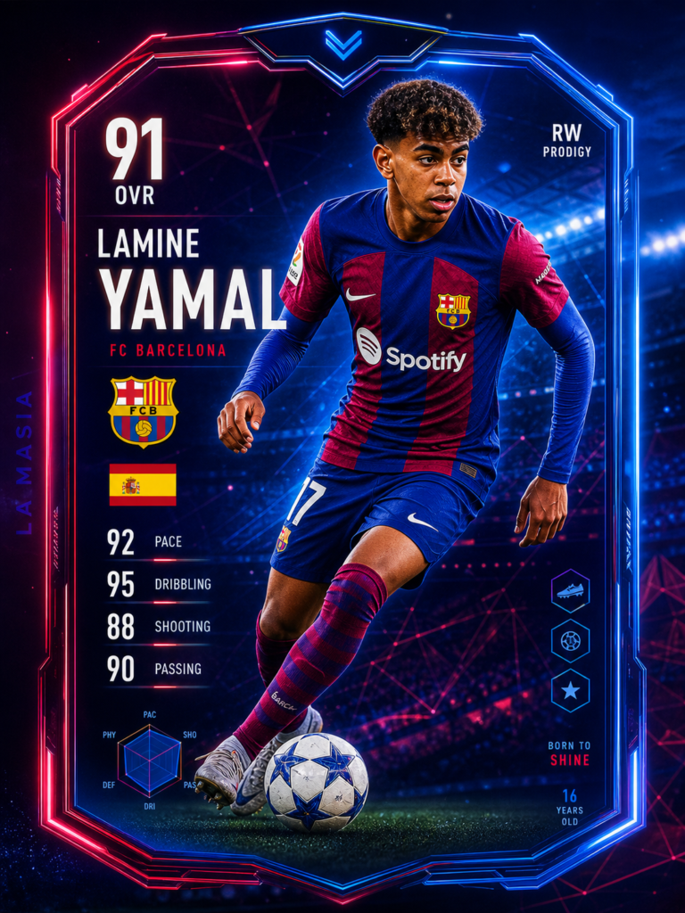 Lamine Yamal FIFA-style player card featuring Barcelona winger in action with stats and neon futuristic design