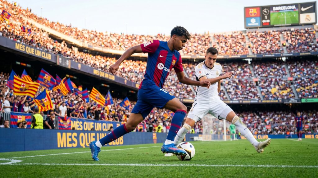 Lamine Yamal best U21 player 2026 dribbling past a defender in a Barcelona La Liga match