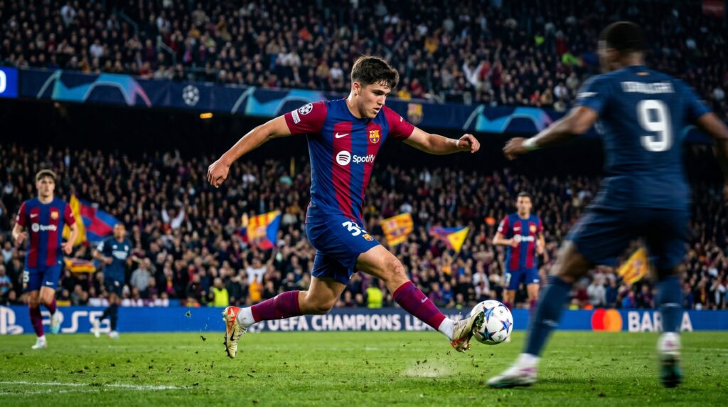 Pau Cubarsi Barcelona young defender intercepting the ball in a Champions League match 2026 top U21 defender in world football 