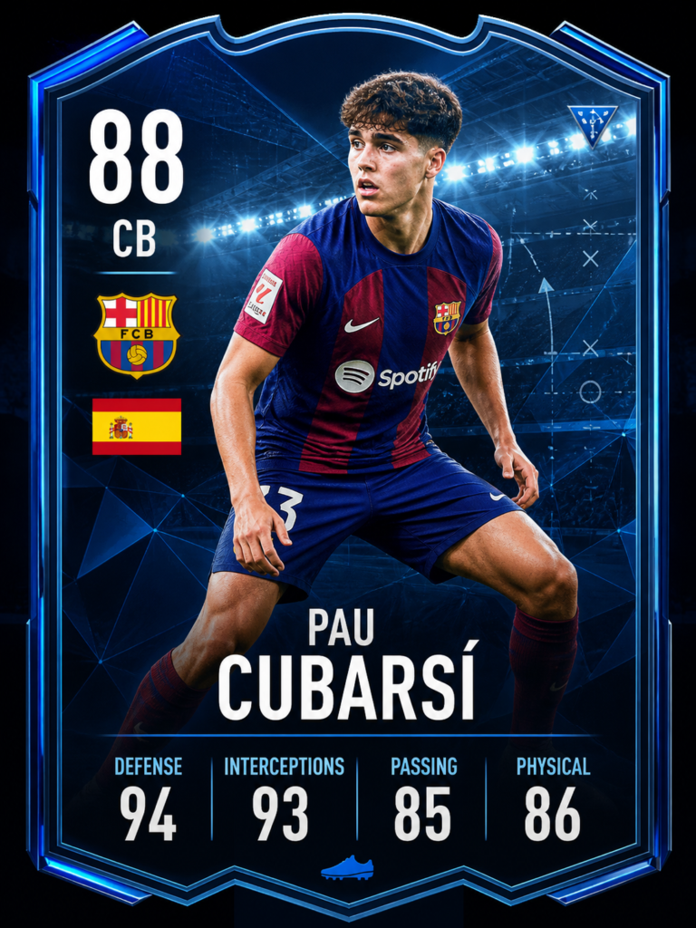 Pau Cubarsi football defender card showing Barcelona center-back with tactical stats and modern FUT design