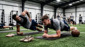 Football athlete performing best core exercises for football players through plank variations for stability.