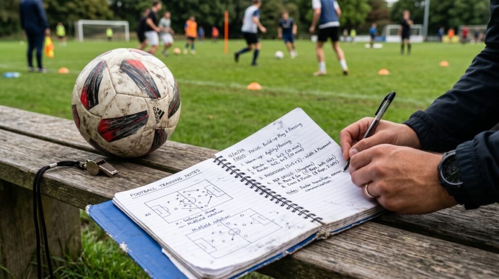 Tracking football training progress using notebook and practice log