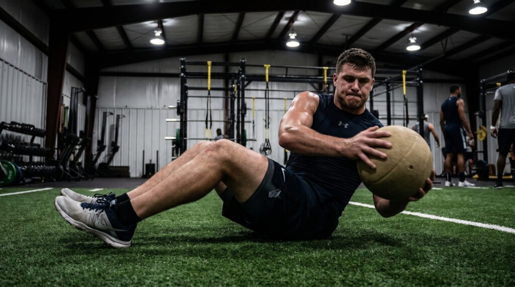 Football athlete doing best core exercises for football players using weighted Russian twist training.