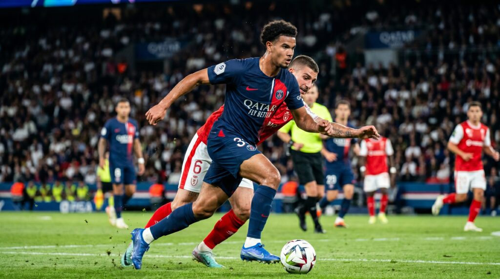 Warren Zaire-Emery PSG midfielder controlling the ball in midfield best U21 midfielder in Europe 2026