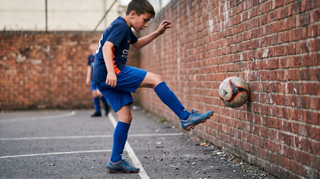 Football player practicing first touch and passing using a wall