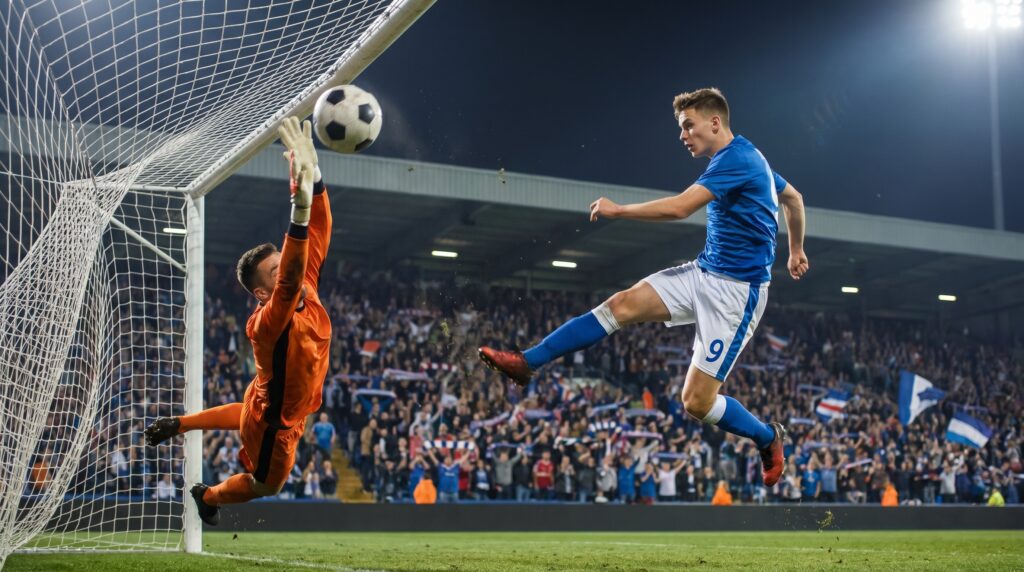 Young striker scoring a powerful goal in modern football 2026